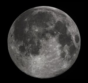 Near side of the moon, as seen through a Celestron 9.25 Schmidt-Cassegrain telescope. Notice that the moon's near side has dark